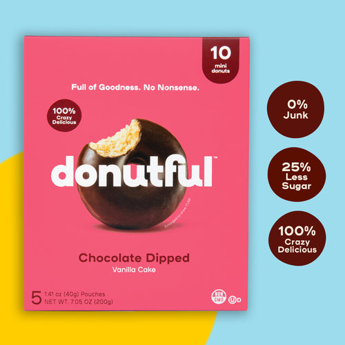 A box of chocolate dipped Donutful donuts.