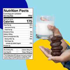 The nutrition panel next to a stack of chocolate dipped donuts.