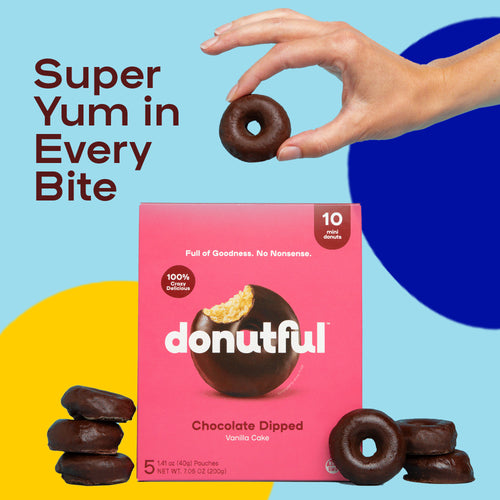 Hand pulling a chocolate dipped donut from the box.