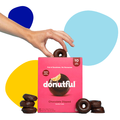 A hand reaching into a box of chocolate Donutful donuts