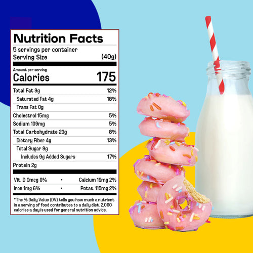 The nutritional panel and a photo of the donuts.