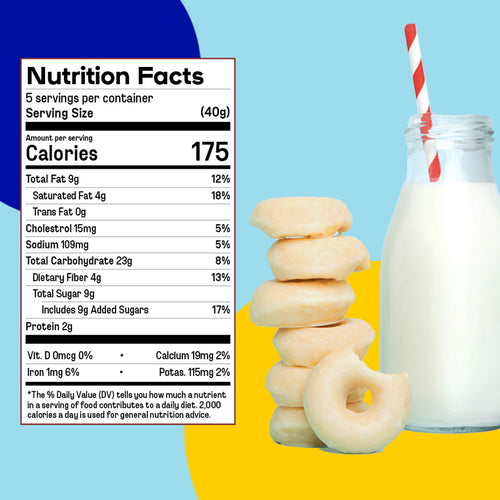 The nutrition panel next to a stack of vanilla dipped donuts